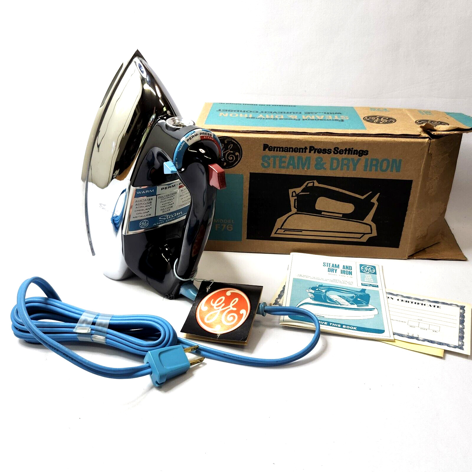 Vintage GE General Electric Steam & Dry Iron F76 Blue Cord and Paperwork USA