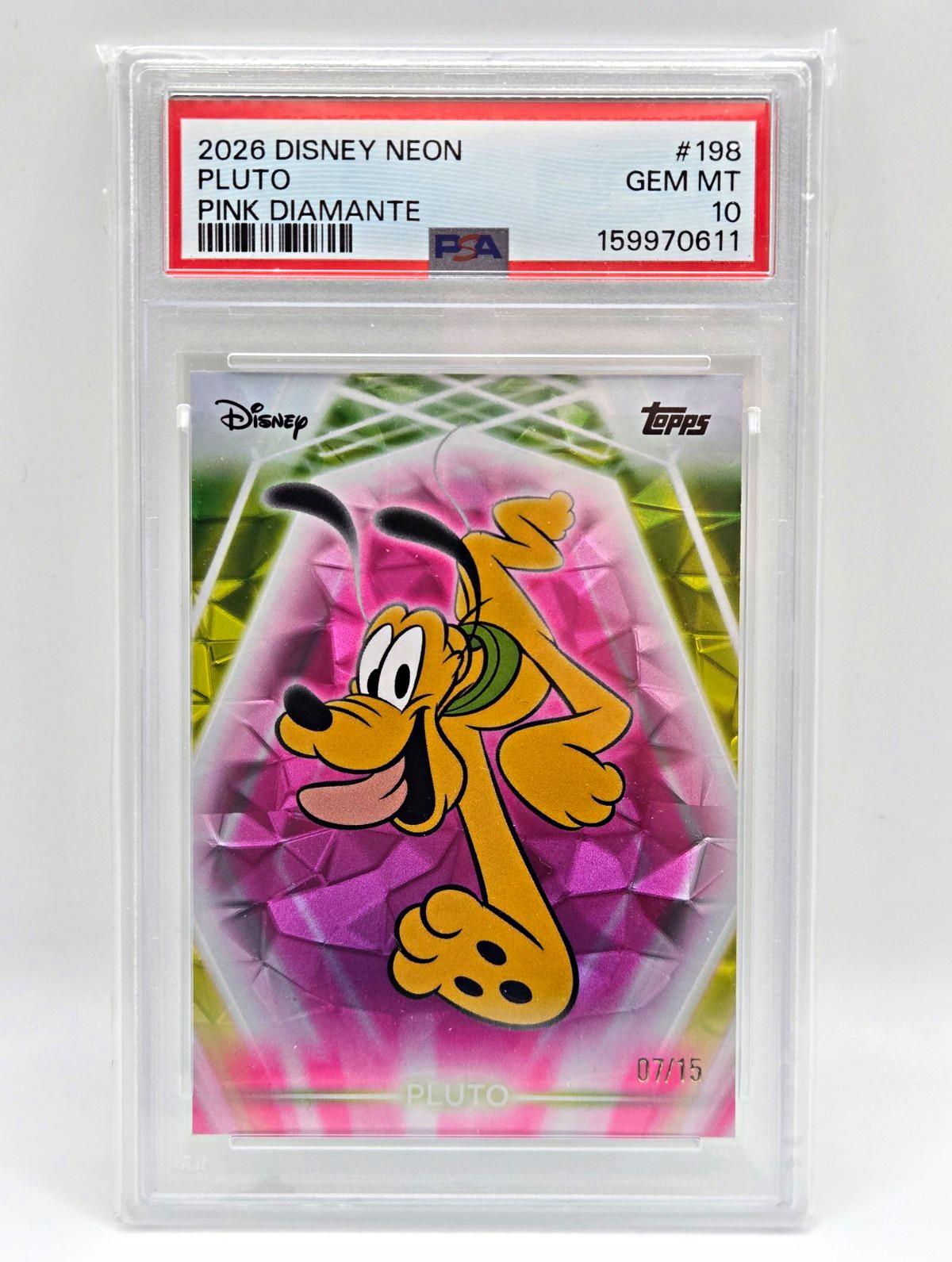 Topps 2026 Disney Neon Pluto Pink Diamante #198 /15 PSA 10