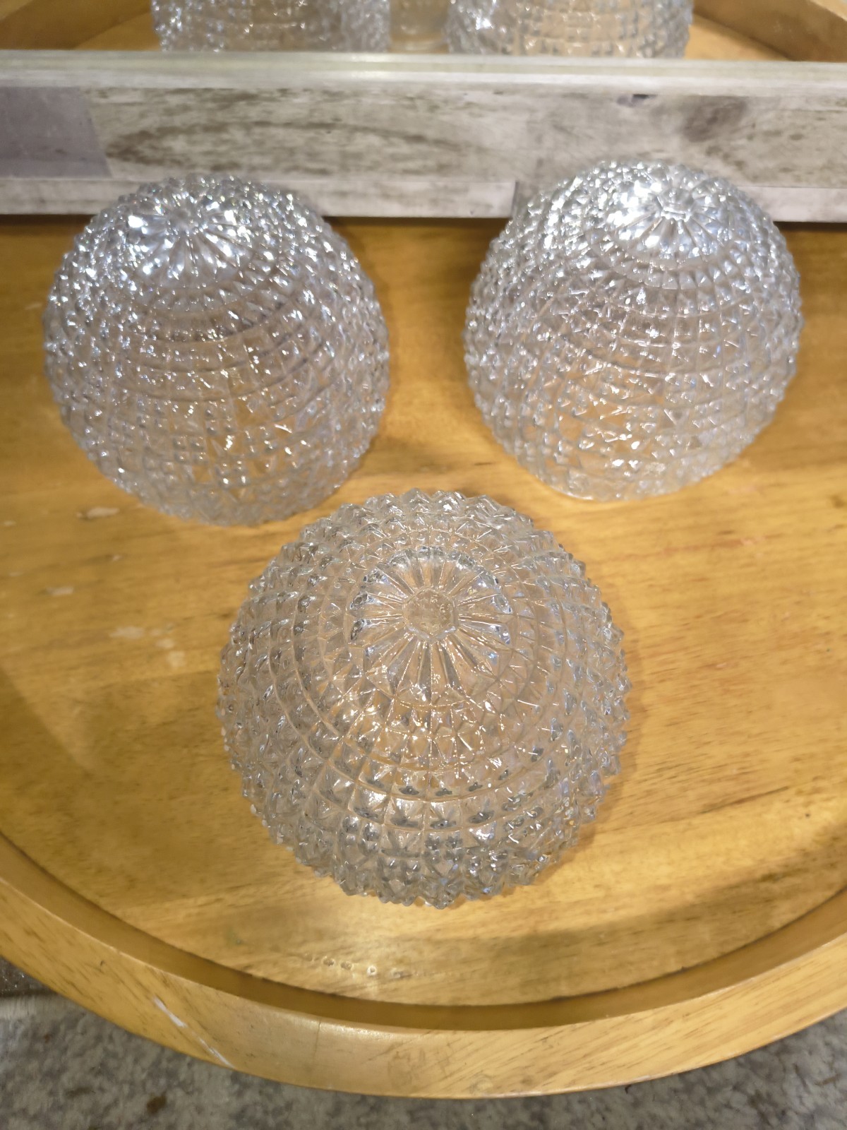 3 Vintage Clear Pressed Glass Diamond Hobnail Ceiling Globe Light Shades...