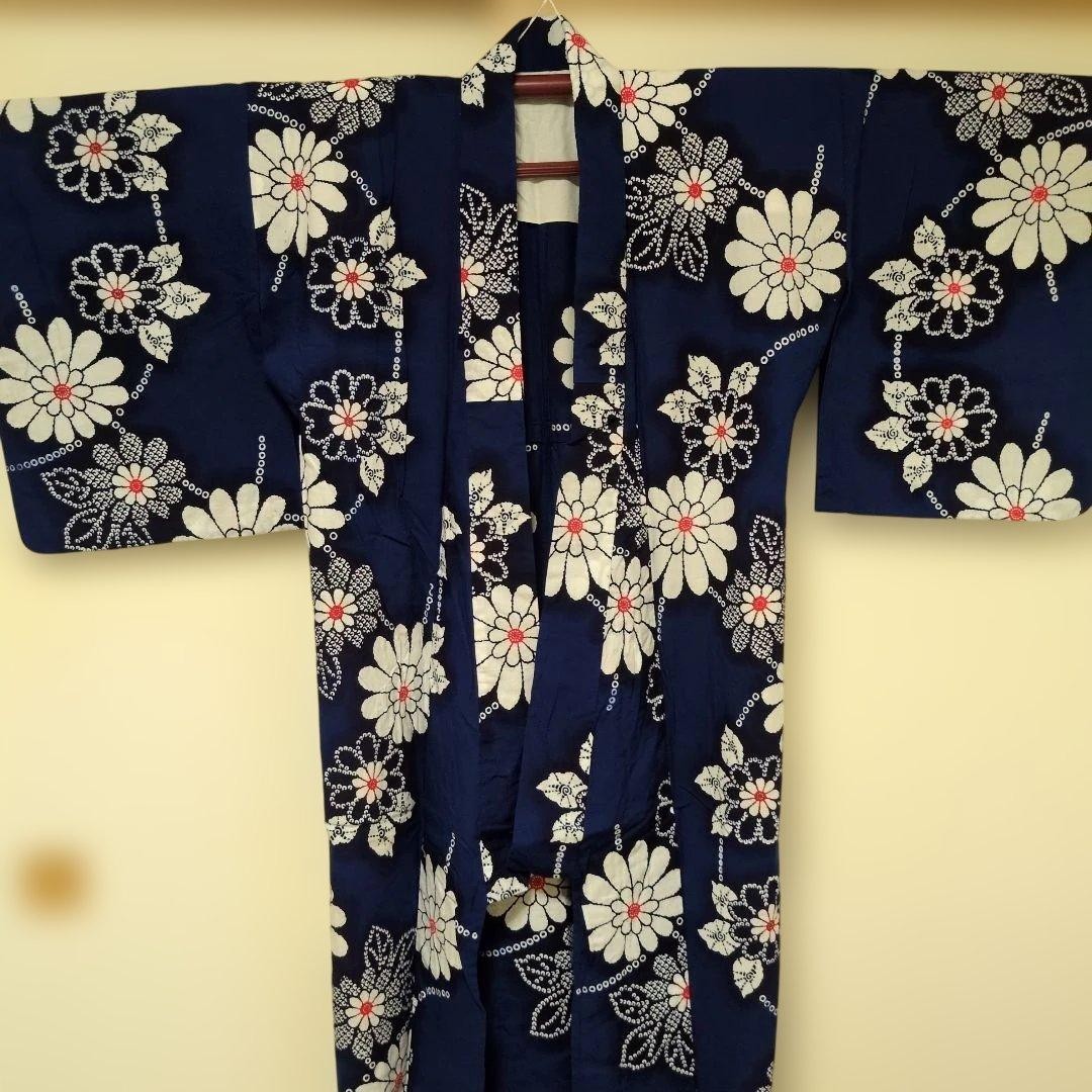 Women's Yukata, Navy Blue with Chrysanthemum Pattern, Length 152cm