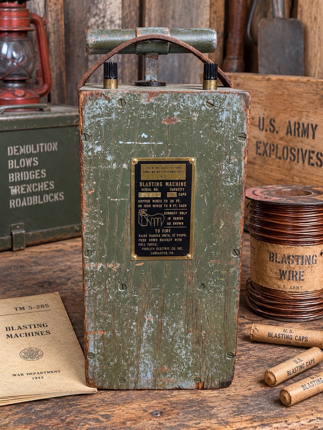WWII US ARMY ANTIQUE Dynamite BLASTING MACHINE 50 CAP FIDELITY ELECTRIC Mining