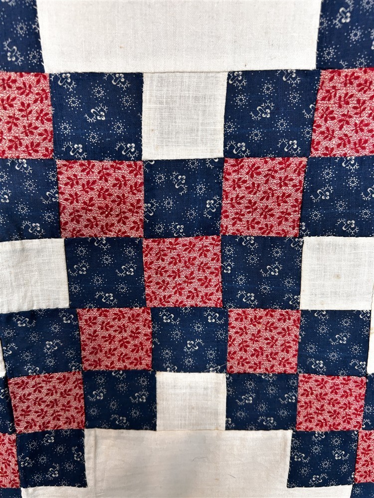 antique quilt top patchwork cotton calico red, white, blue, 84x84 original 1890