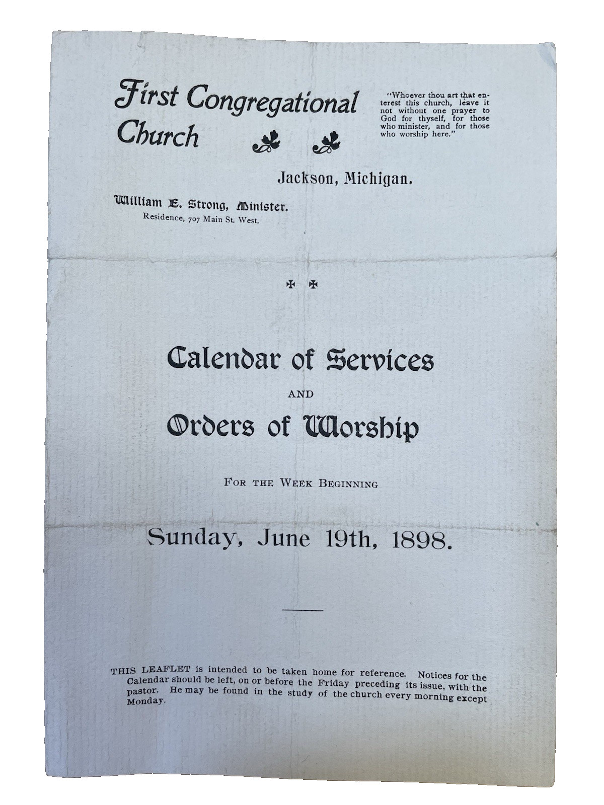 1898 First Congregational Church Bulletin Jackson MI Wartime ANTIQUE