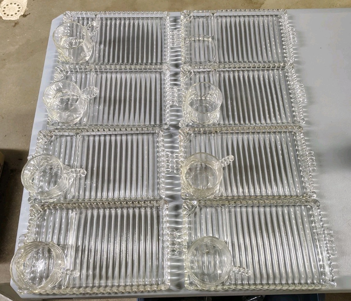 VTG Hazel Atlas ORCHARD CRYSTAL - Set of 7 Glass Snack Sip & Smoke TRAYS w/ CUPS VTG Hazel Atlas ORCHARD CRYSTAL - Set of 7 Glass Snack Sip & Smoke TRAYS w/ CUPS