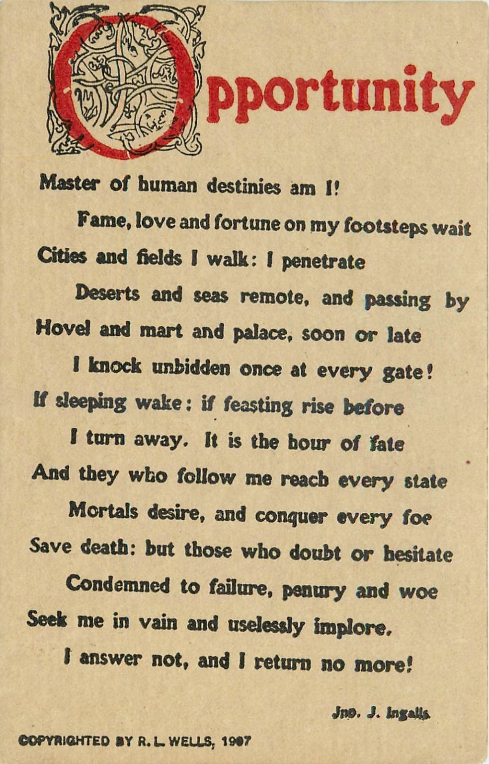 Antique 1907 OPPORTUNITY Poem Postcard Jno. J. Ingalls R. L. Wells Vintage Antique 1907 OPPORTUNITY Poem Postcard Jno. J. Ingalls R. L. Wells Vintage