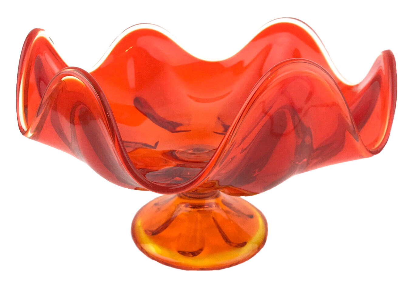 Vintage MCM Viking Amberina Swung Art Glass Pedestal Compote Bowl Orange 1960s