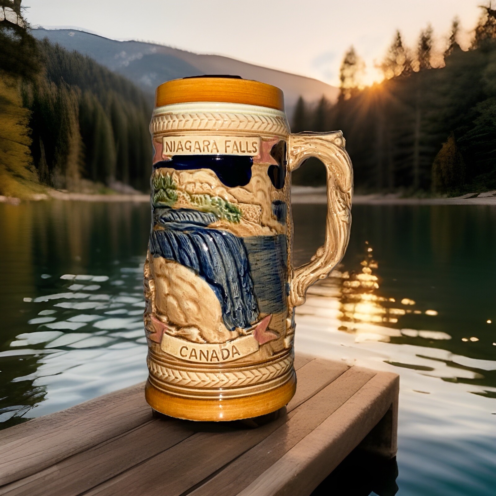 Vintage 1960s Niagara Falls Beer Stein Made In Japan Pottery 8 Inch NWT NEW