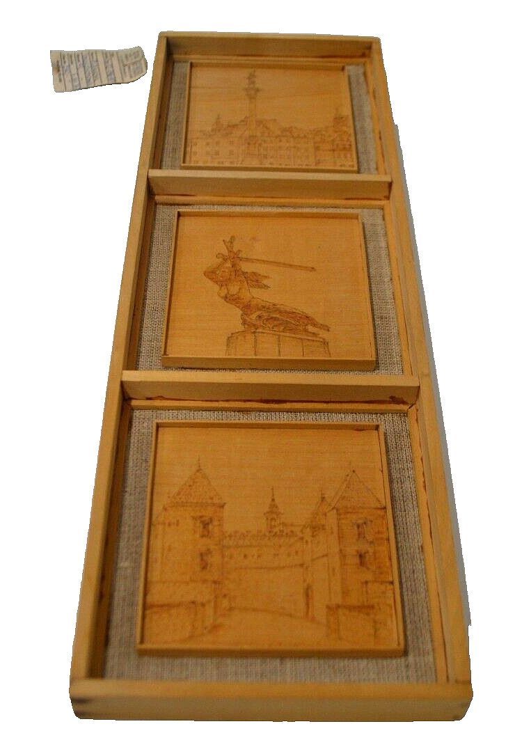 Vintage Polish Wood Pyrography Framed Picture Set Cepelia Poland Landmarks Vintage Polish Wood Pyrography Framed Picture Set Cepelia Poland Landmarks