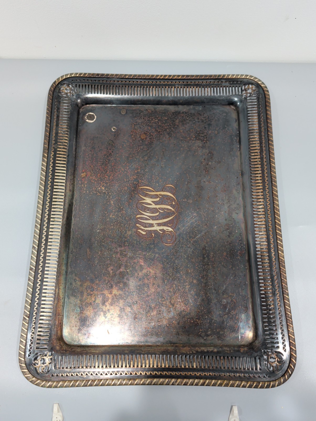  Gorham Mfg. Co. stamped on silver-soldered Tray Open Work Border Early 20th 
