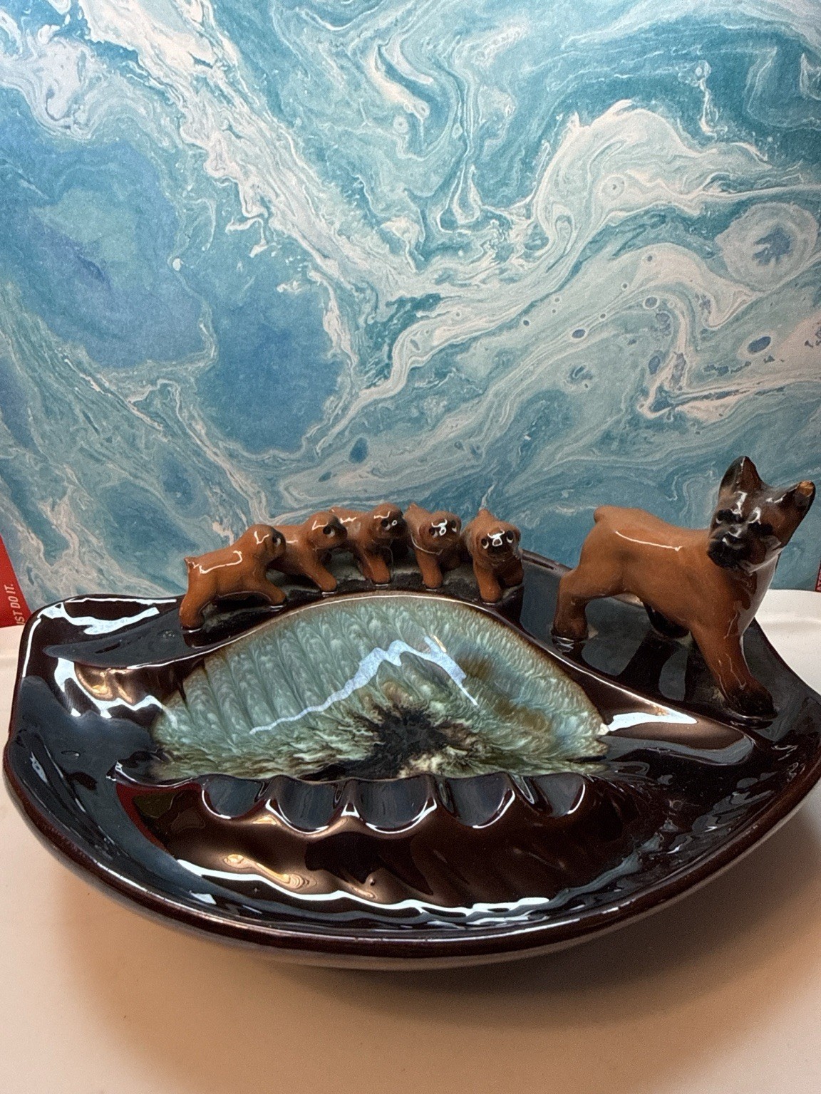Vintage Japan Boxer Dog 5 Puppies Ashtray MCM Pearl Drip Glaze Art Pottery