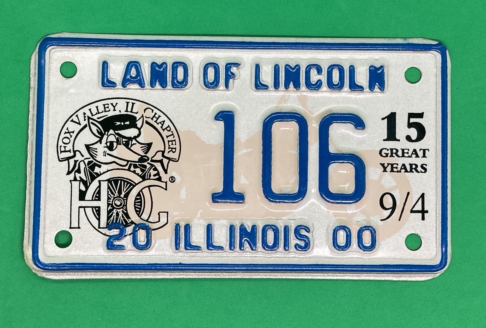 2000 Illinois, Motorcycle License Plate, Fox Valley, IL. H.O.G. Chapter 2000 Illinois, Motorcycle License Plate, Fox Valley, IL. H.O.G. Chapter