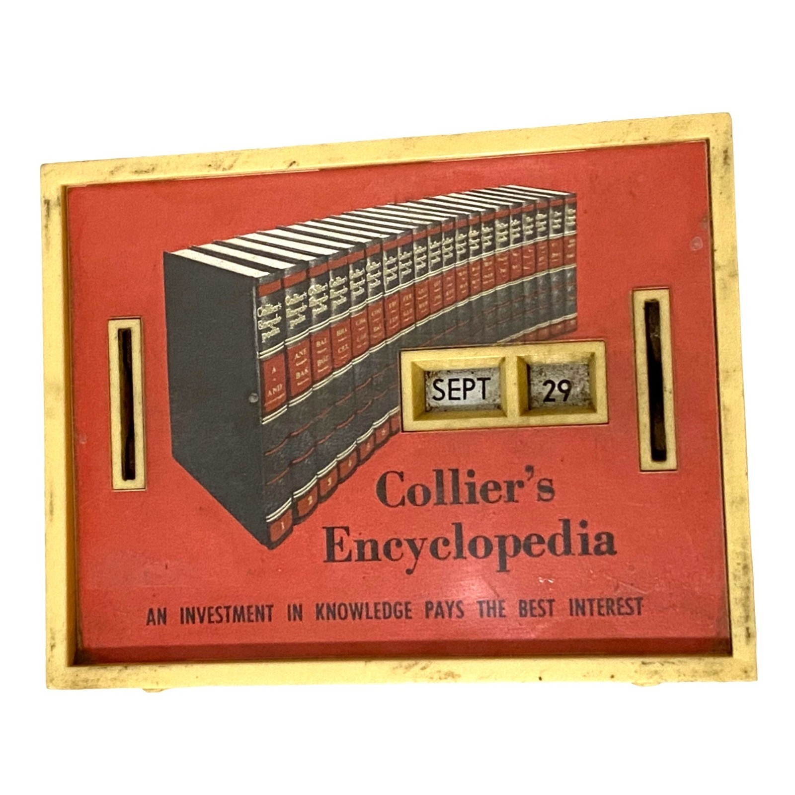 Vintage Collier\'s Encyclopedia Allcoin Calendar Bank No Key Made in USA Plastic