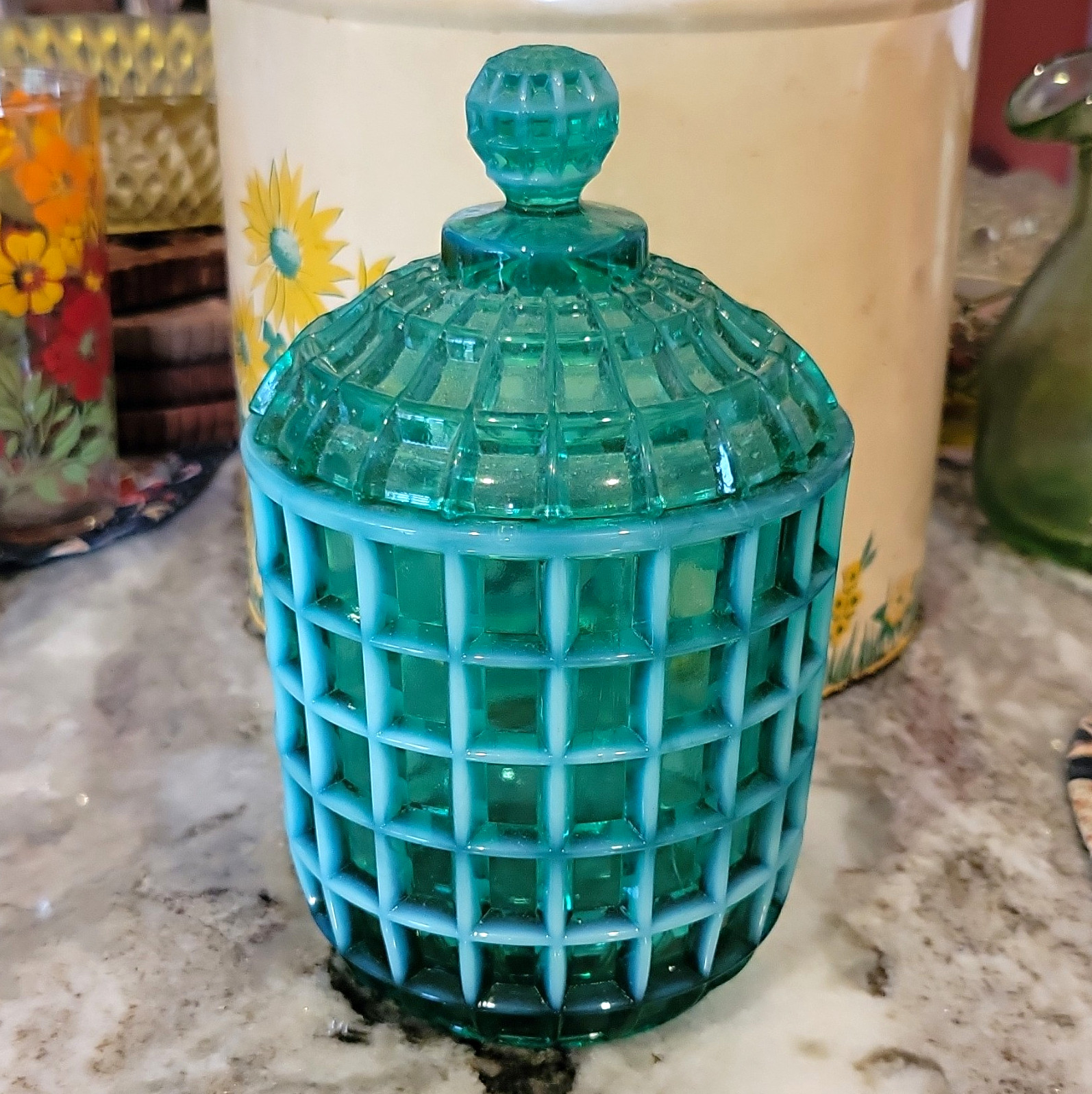 Rare Fenton Uranium Glass Green  Opalescent Vintage Waffle Pattern Lidded Jar
