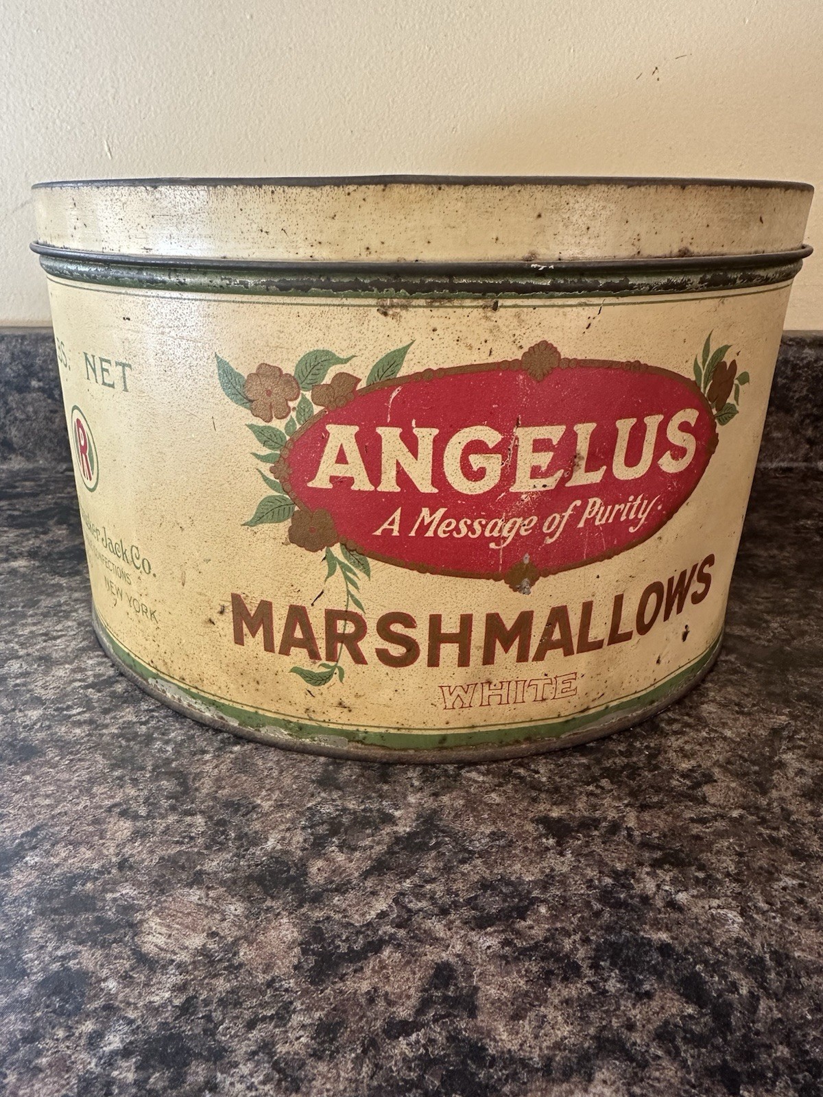 Vintage Antique 1920s ANGELUS MARSHMALLOWS TIN 5lbs 10” Round Cracker Jack Co