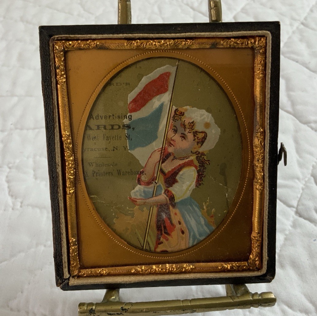Vintage Antique Victorian Trade Card Ephemera Framed, Union Case, Girl W/ Flag