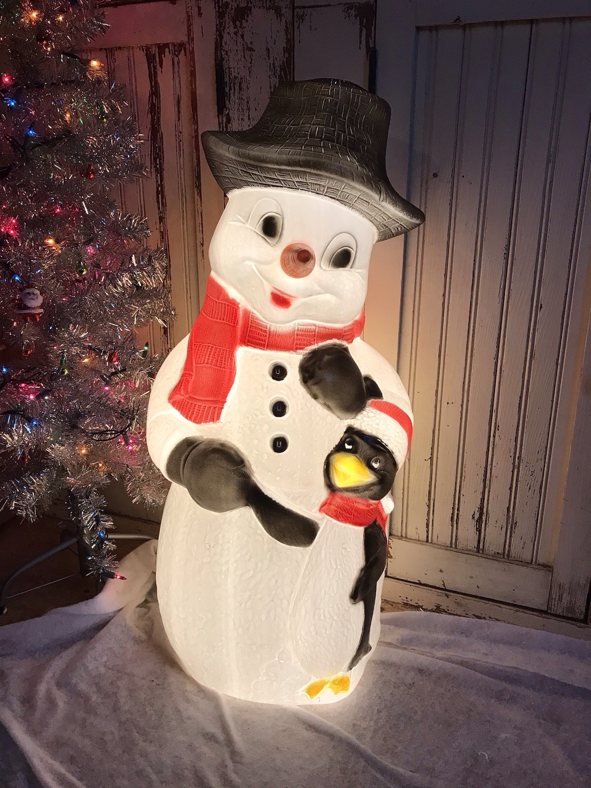 Blow Mold Lighted Snowman With Carrot Nose And Penguin Friend Union Products