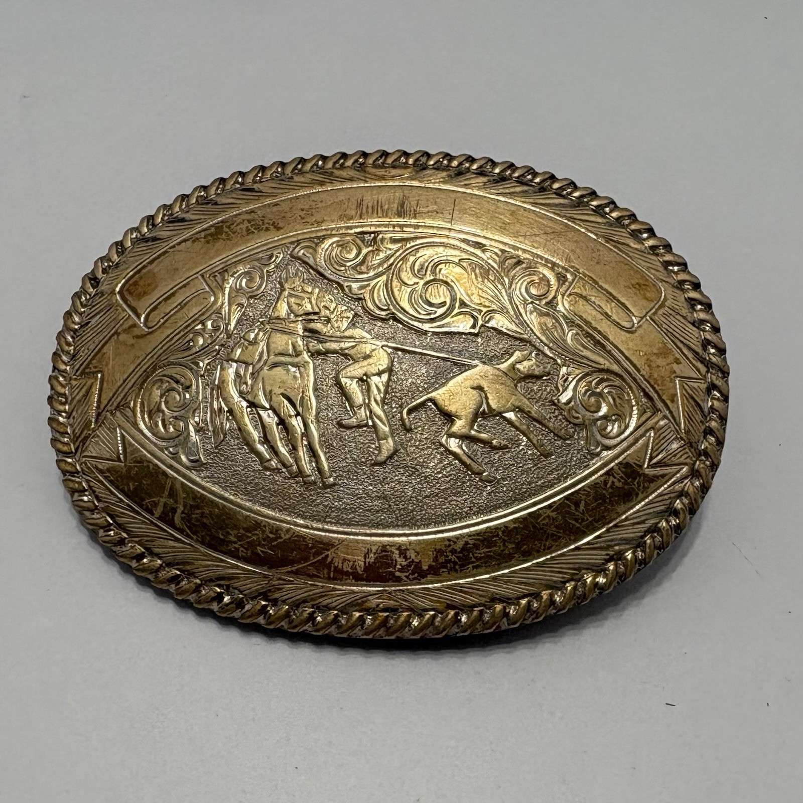 Vtg Crumrine El Arturo Bronze Calf Roping Trophy Belt Buckle Rodeo Cowboy Oval