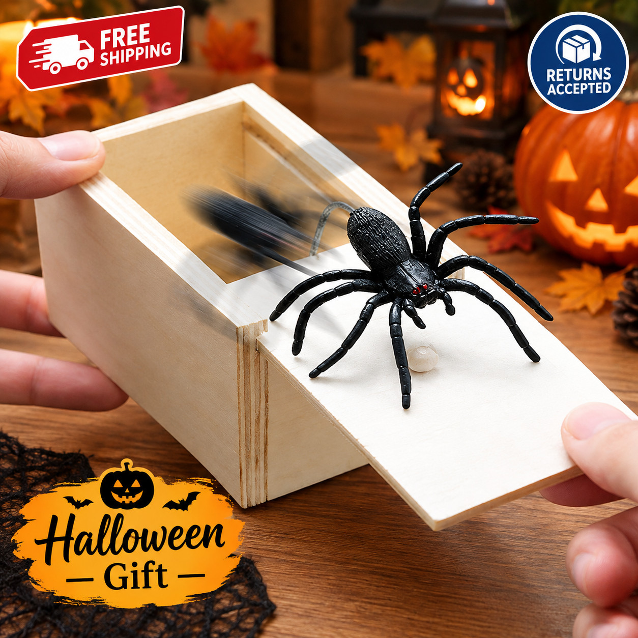 Halloween Spider Prank Scare Box Wooden Trick Toy Hidden Rubber Spider Gift US