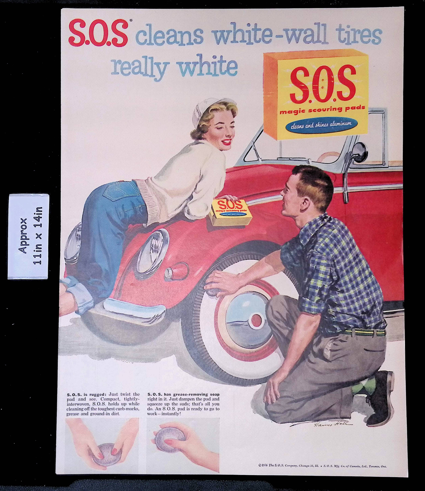 1956 S.O.S. Magic Scouring Pads Gal on Car Guy S.O.S Cleans Tire Print Ad 47552