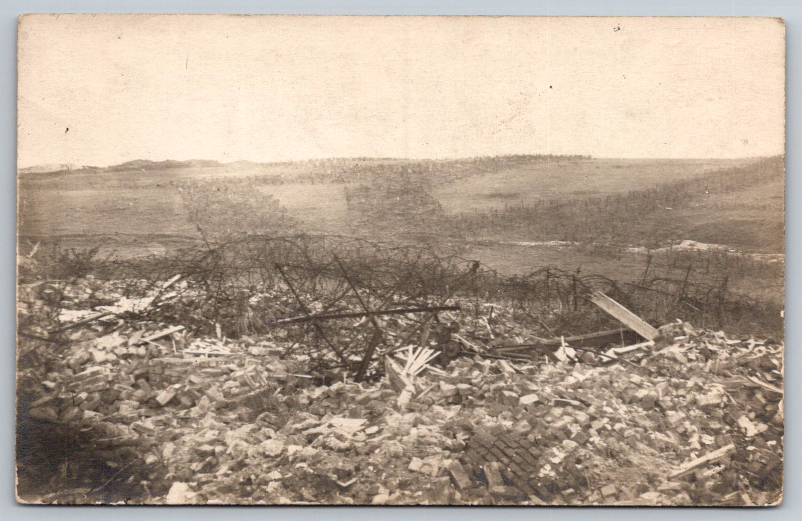c1950s RPPC WWI Poland Trenches Barbed Wire Soldiers Marching Battlefield 