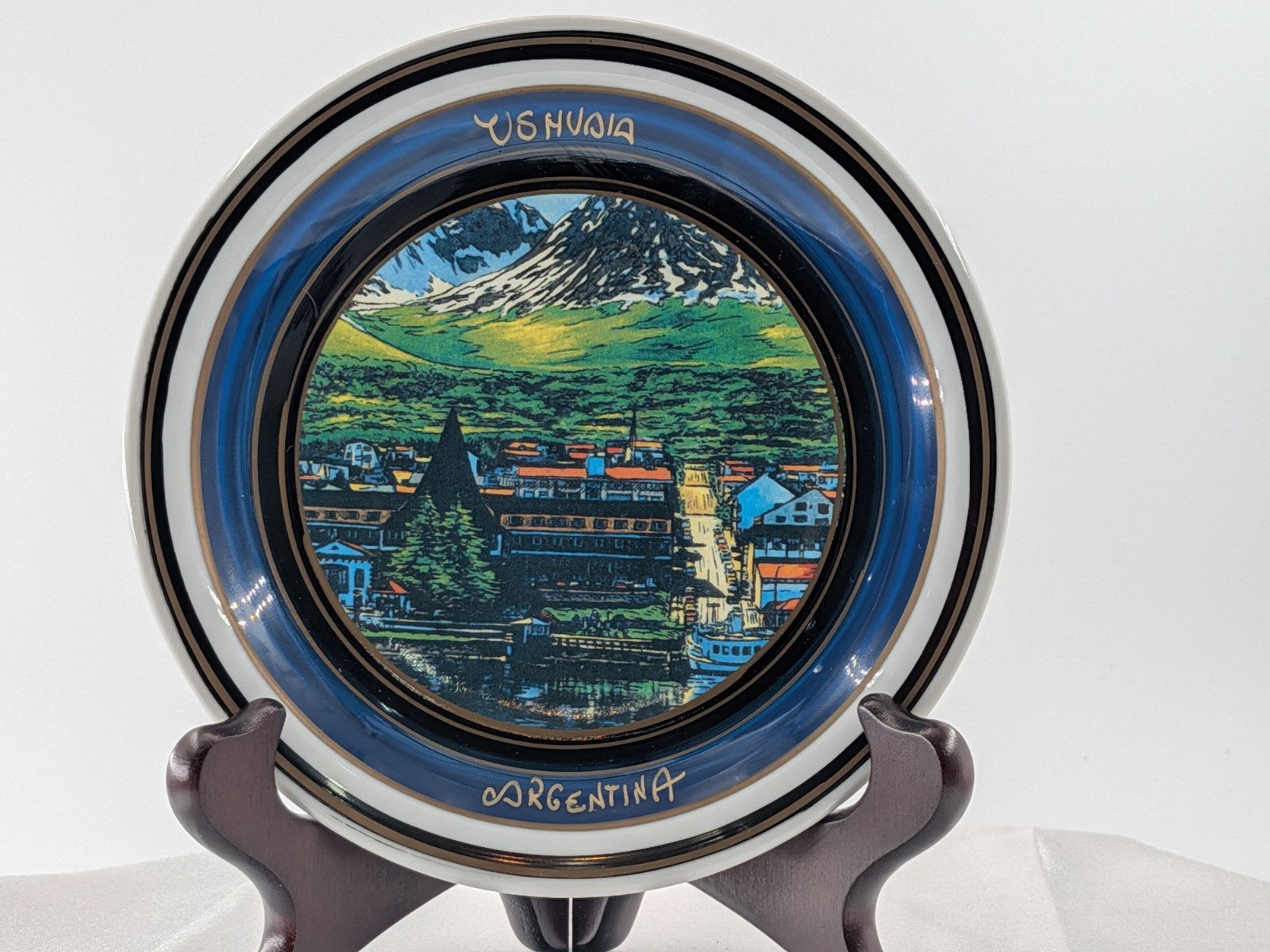 Ushuaia Argentina Souvenir Plate Tierra del Fuego Cobalt Blue Gold South America