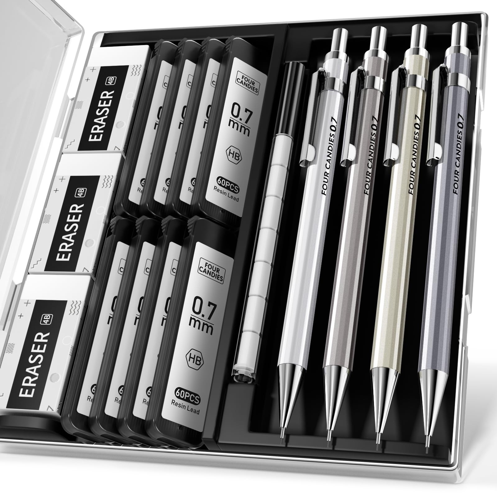 Four Candies 0.7mm Mechanical Pencil Set with Case - 4PCS Metal Mechanical Four Candies 0.7mm Mechanical Pencil Set with Case - 4PCS Metal Mechanical
