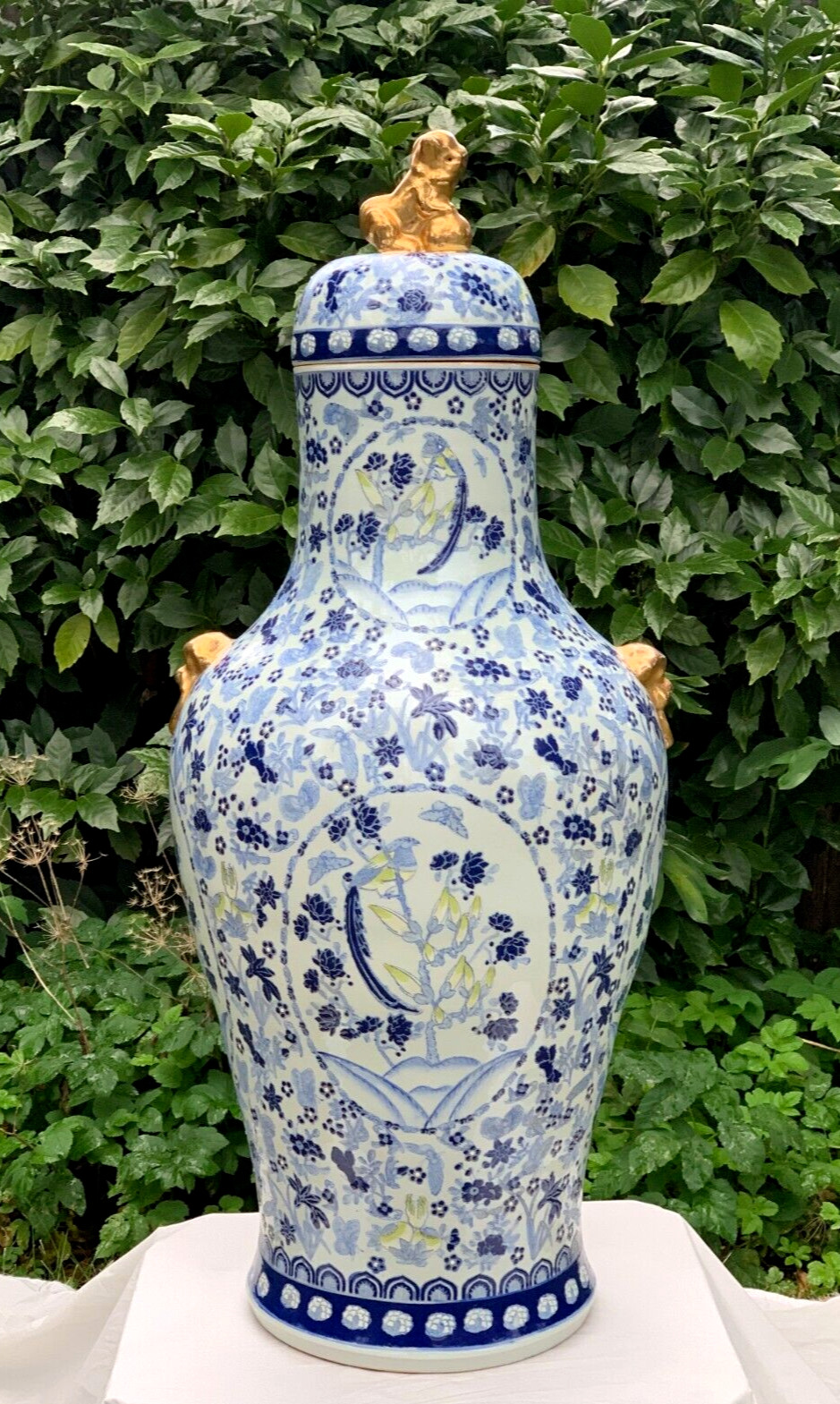 LARGE 3FT ASIAN CHINESE VASE BLUE WHITE ENAMEL BIRDS BUTTERFLIES FLOWERS FOO DOG