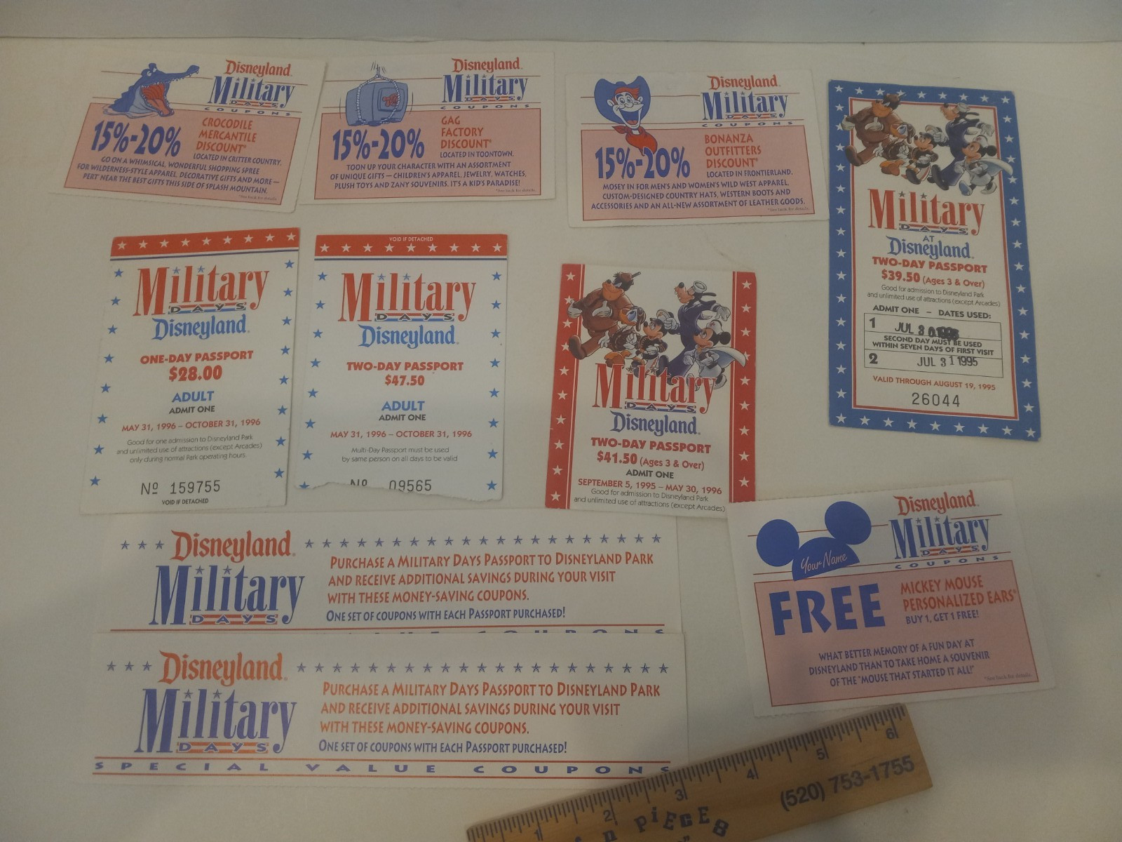 Disneyland Rare 1995, 1996 Military Days Tickets and Discount Coupons