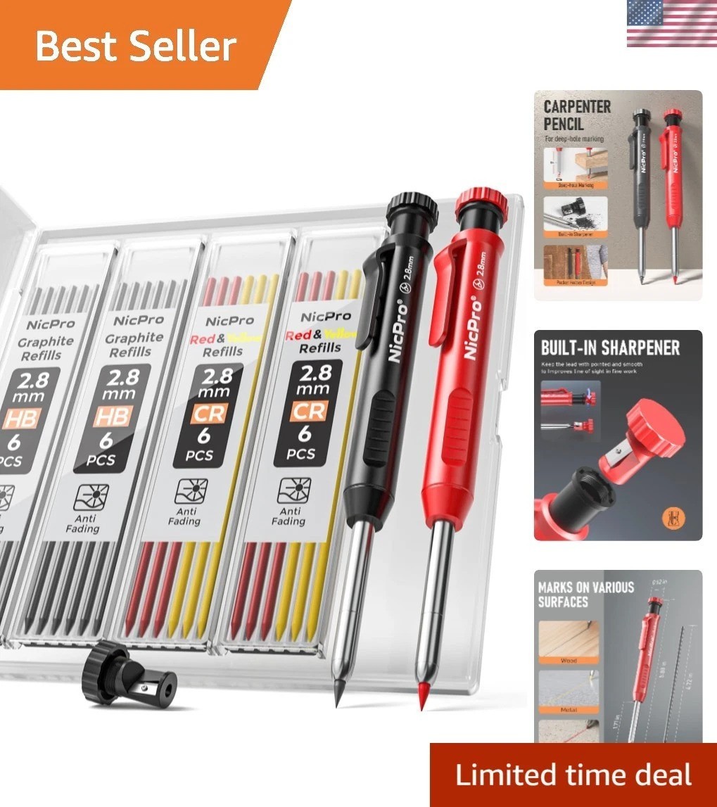Ergonomic Carpenter Pencil Set: 2 Pack with Sharpener & 26 Refills - Black & Red
