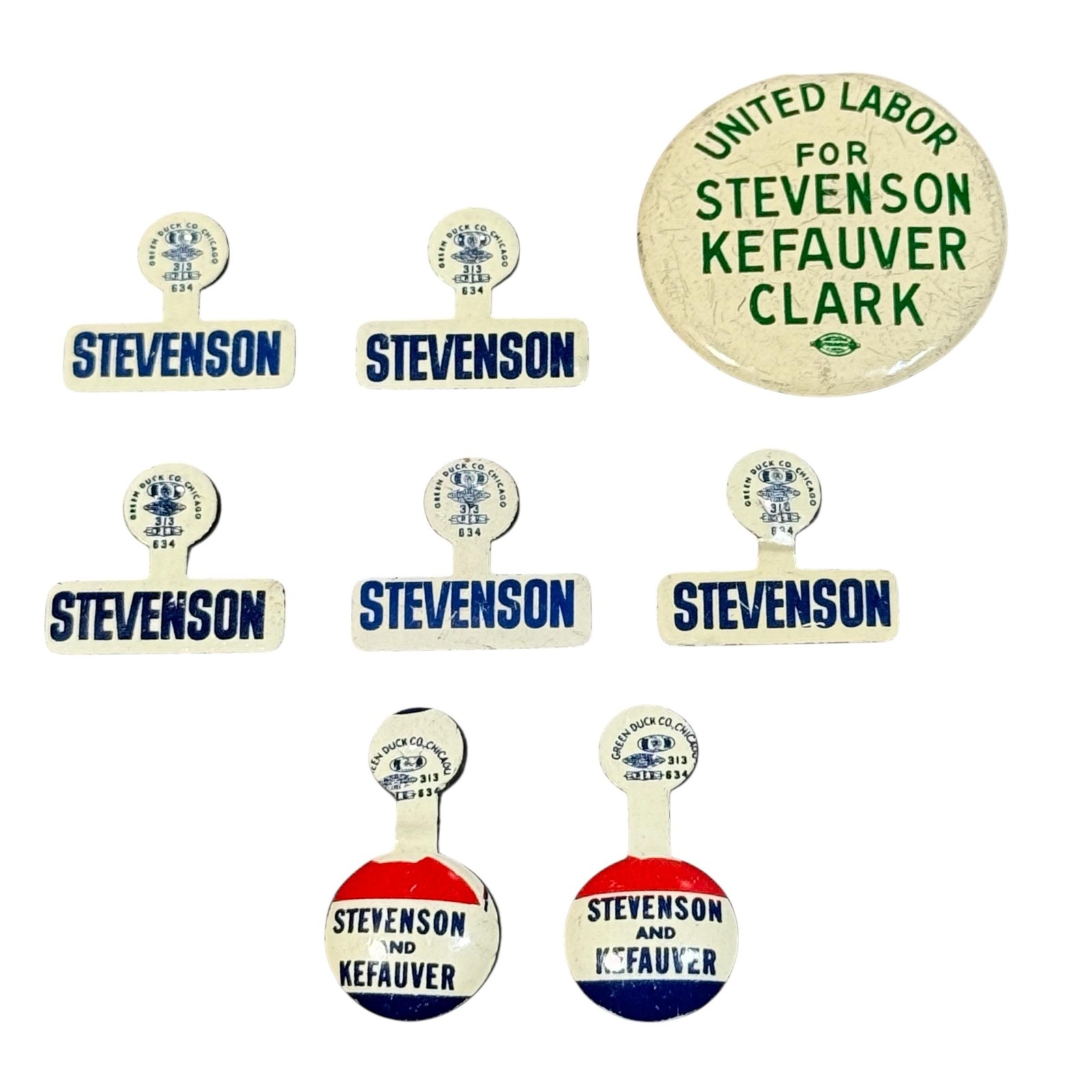 Vintage 1956 Stevenson Kefauver Clark Labor Pin Button Tab Lot 8 Pc Political