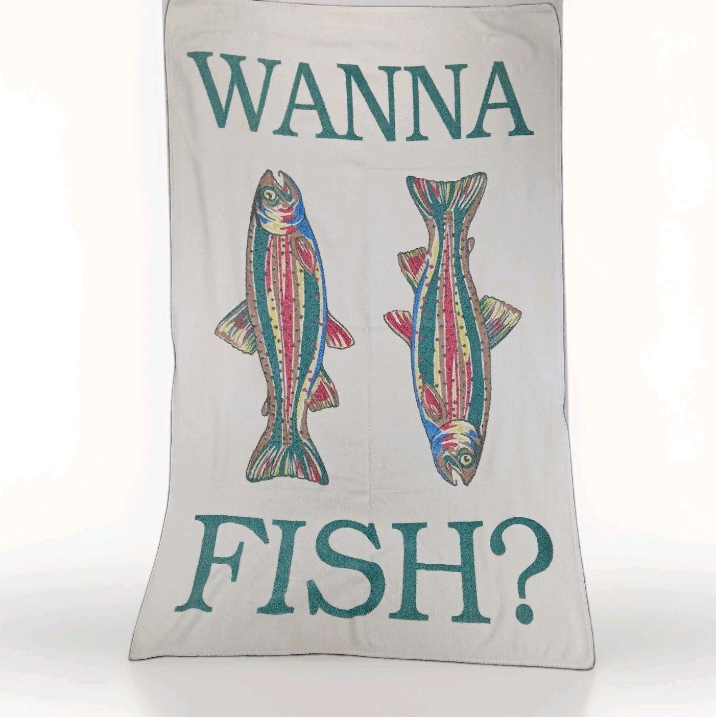 Vtg Joe Boxer Wanna Fish Beach Towel Rainbow Trout Cotton USA Made 36x60 READ Vtg Joe Boxer Wanna Fish Beach Towel Rainbow Trout Cotton USA Made 36x60 READ