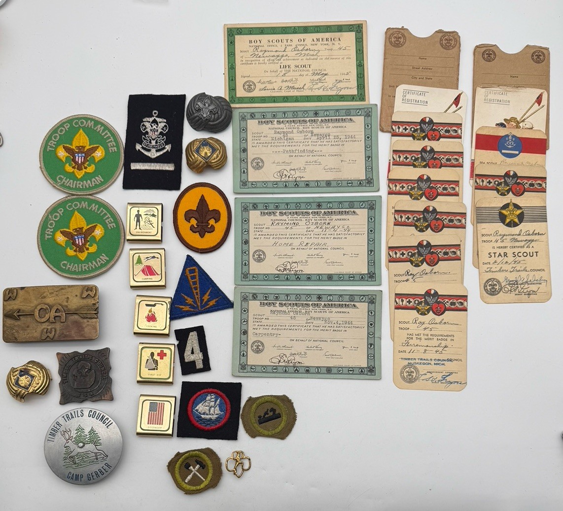 VTG 1940's WWII BSA Boy Scout Lot. Slides, Merit Badges Timber Trails MI