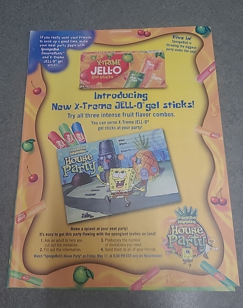 Spongebob Squarepants X-Treme Jell-o House Party Print Ad 2002 4 Page Spongebob Squarepants X-Treme Jell-o House Party Print Ad 2002 4 Page