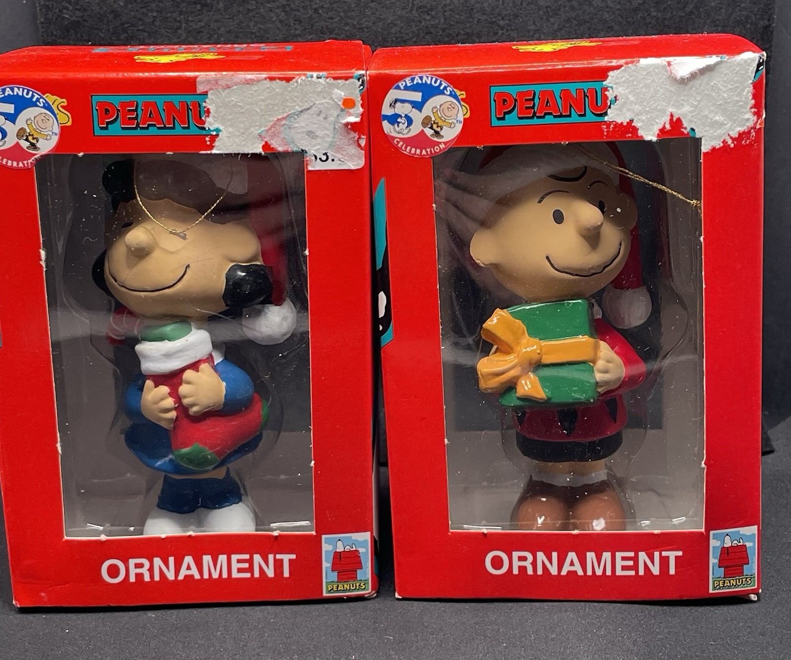 Vintage 2000 Charlie Brown & Lucy Christmas Ornaments Peanuts 50th. New in Boxes