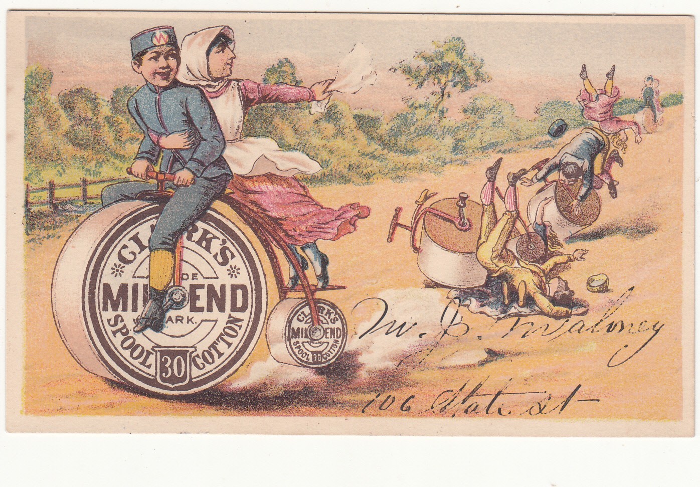 Clark's Mile End Spool Cotton Thread Bicycle Falling W B Maloney Card c1880s
