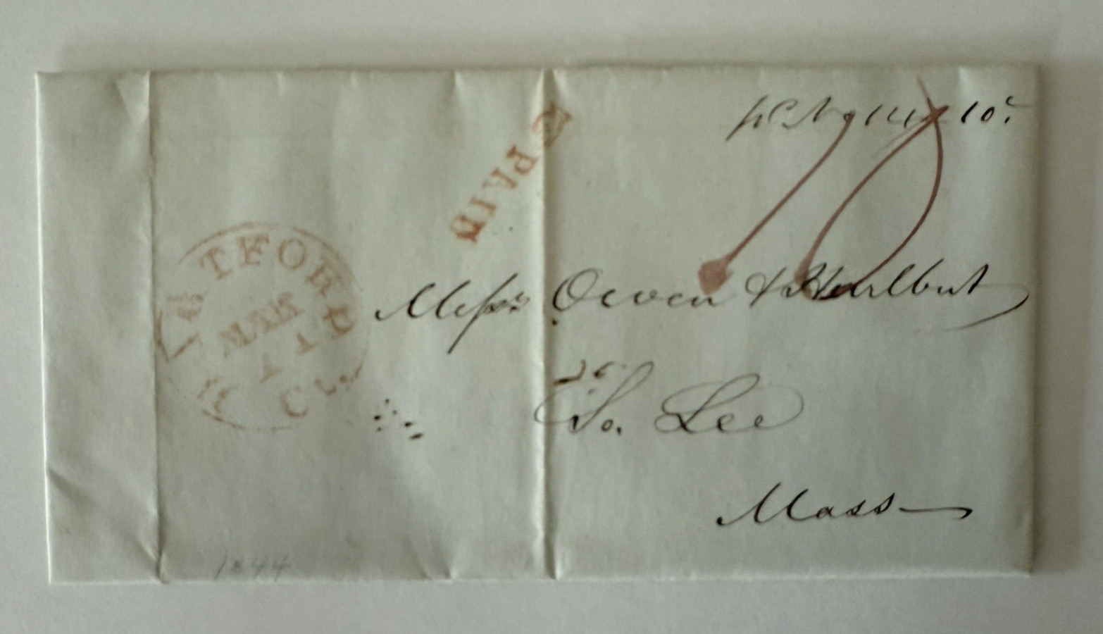 1844 H.A. Perkins Owen & Hurlbut Hartford Connecticut Stampless Letter Cover 10c