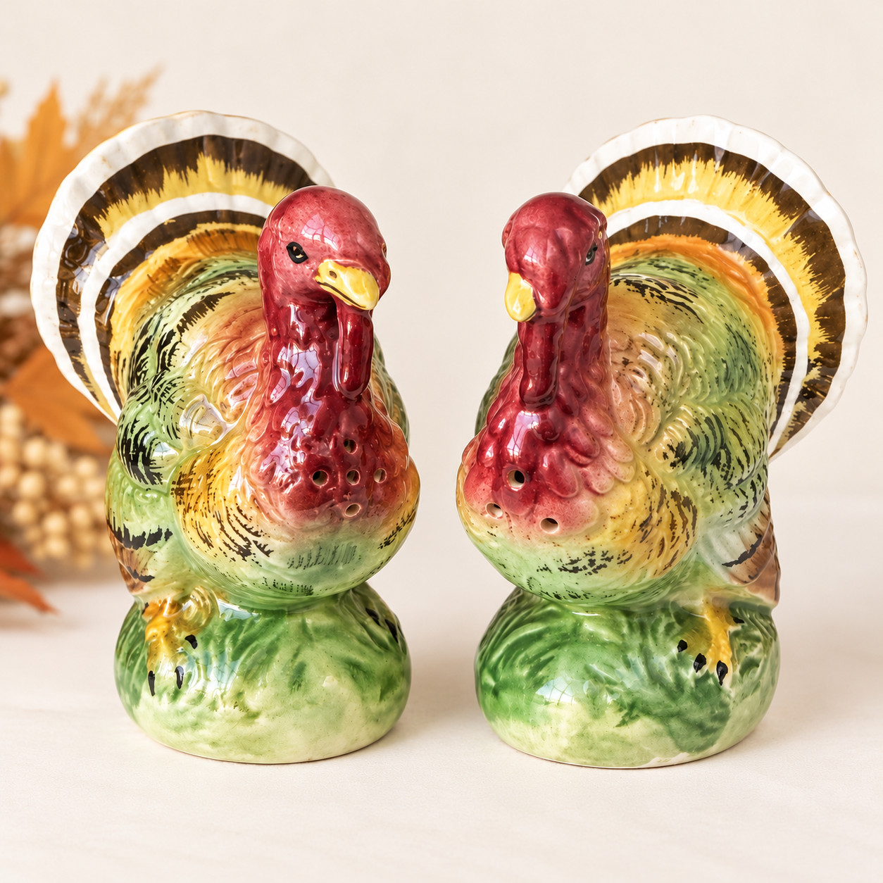 Vintage Lefton Turkey Salt Pepper Shakers Porcelain Thanksgiving 3.5\