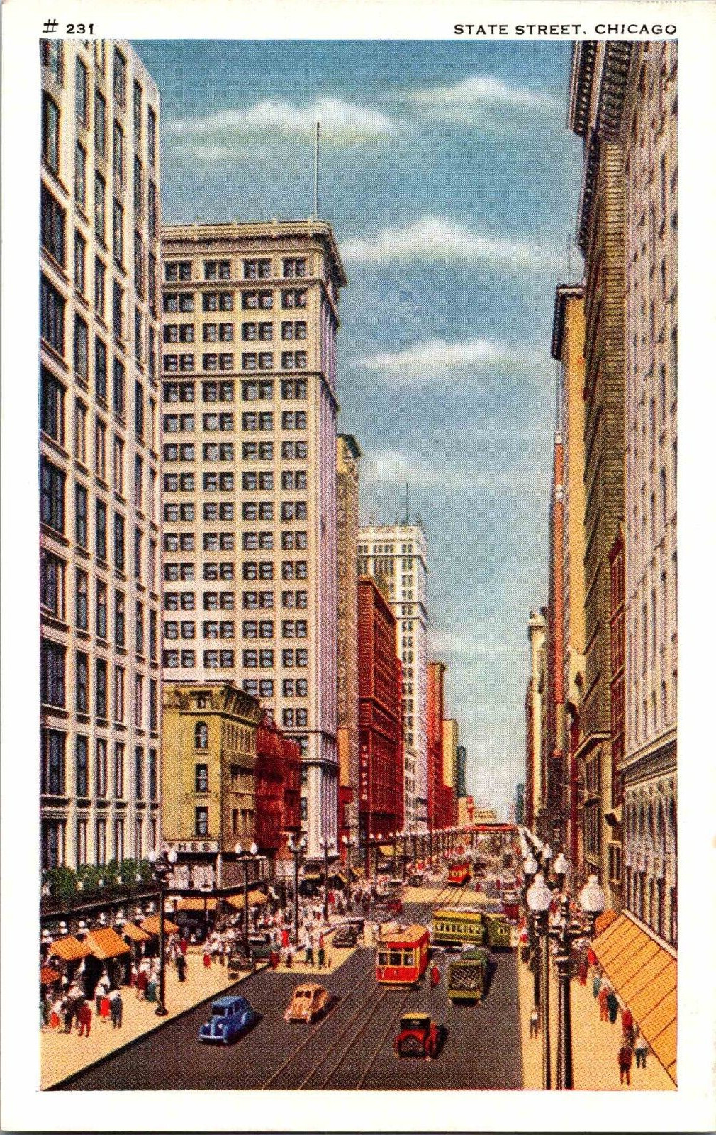 Postcard Chicago Illinois IL State Street old autos trolleys retail district