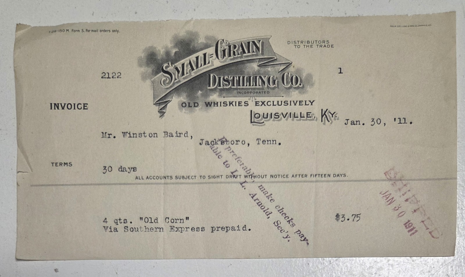 Small-Grain Distilling Co. Old Whiskies Louisville, KY Letterhead 1911 Invoice 
