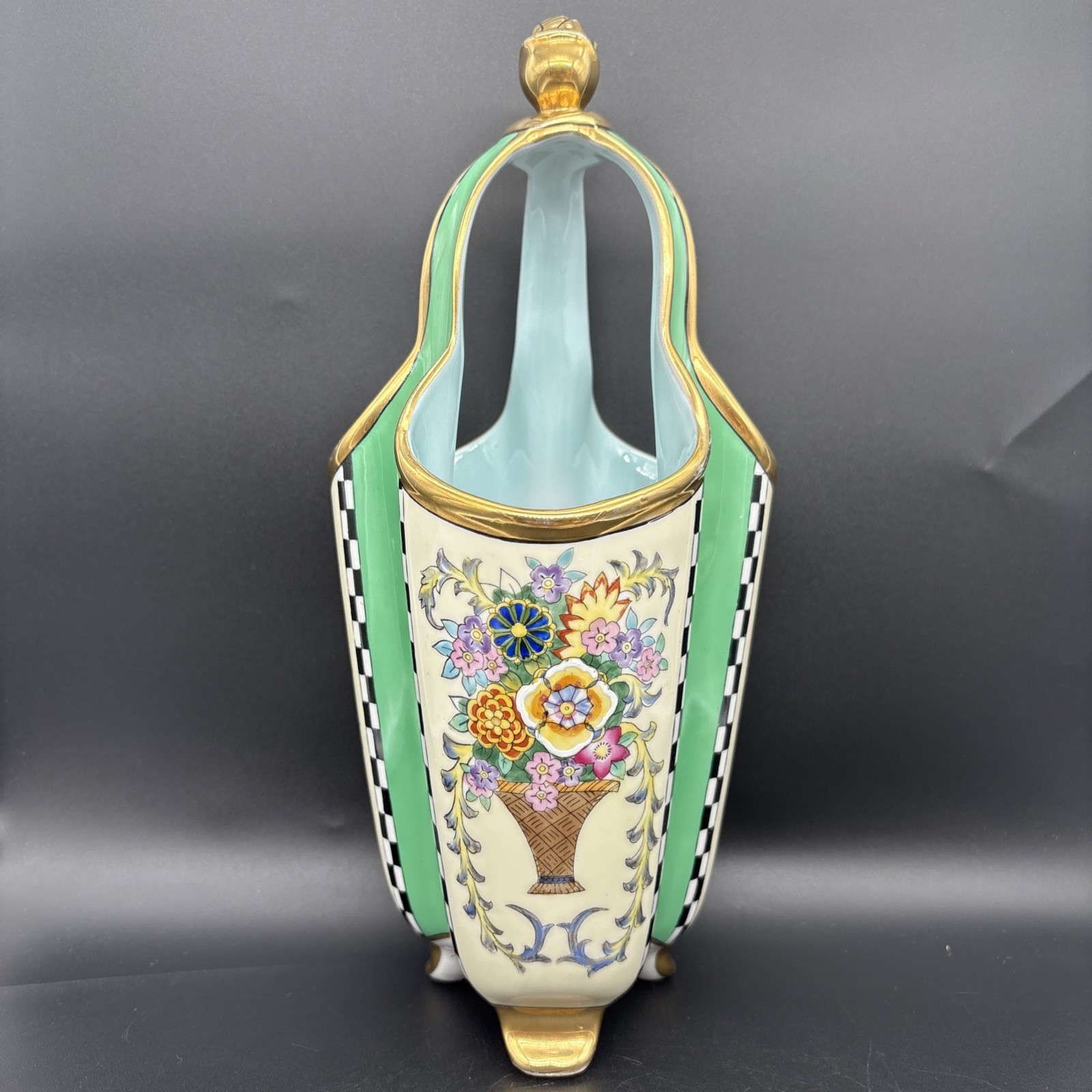 Vtg Art Deco Noritake Vase Gold Gilded Green Footed Basket Flower Design Vtg Art Deco Noritake Vase Gold Gilded Green Footed Basket Flower Design