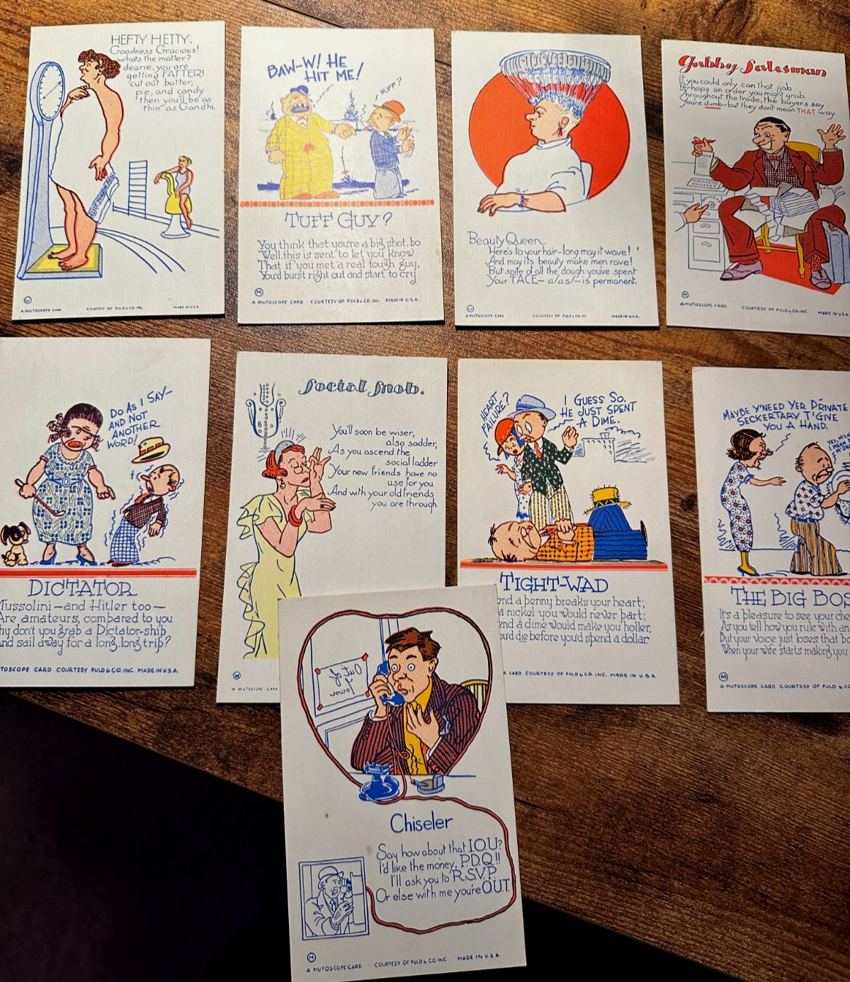 Lot of 9 Vintage 1940s Mutoscope Comic Arcade Cards Fuld & Co. WWII Humor