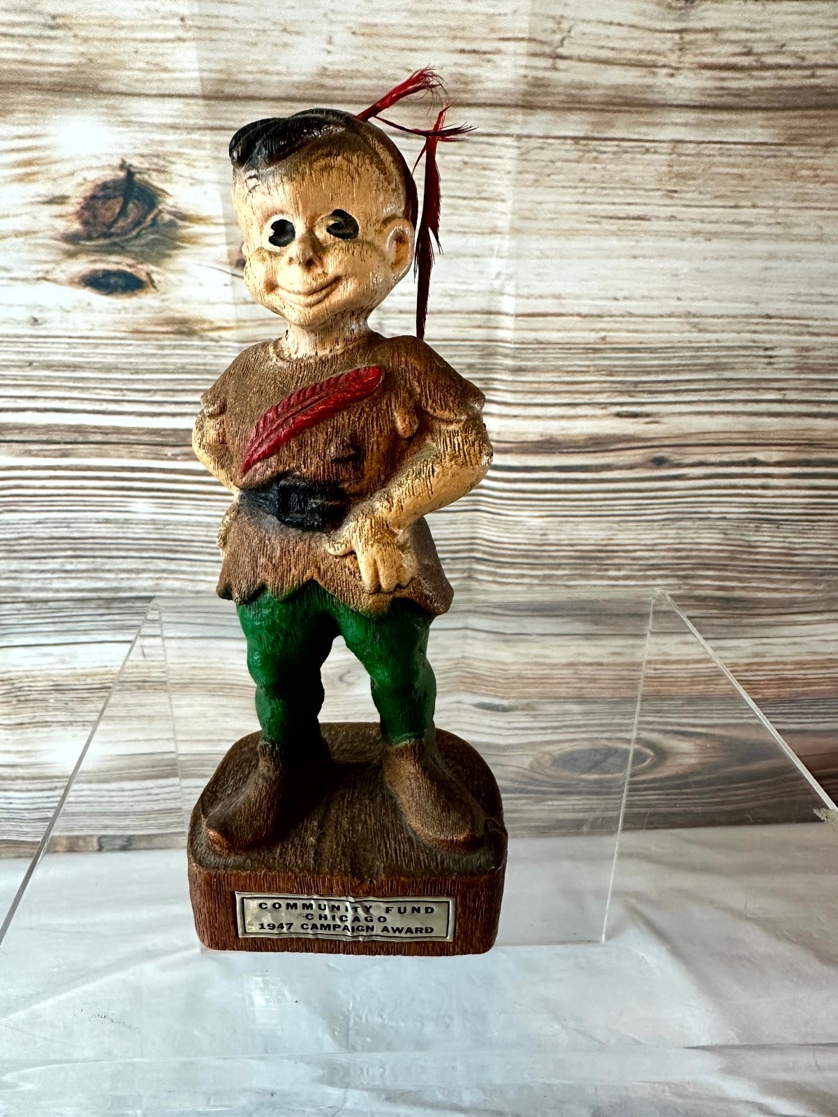 Vtg Wood 1946 Chicago Community Fund Campaign Award Figural Trophy Boy Statue
