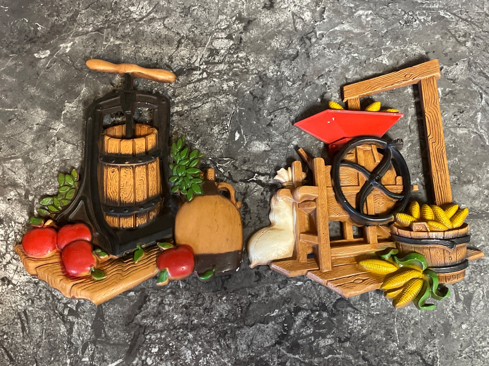 HOMCO 1978 Cast Metal Plaques Set of 2 Apple Press & Corn Sheller Cottage Core