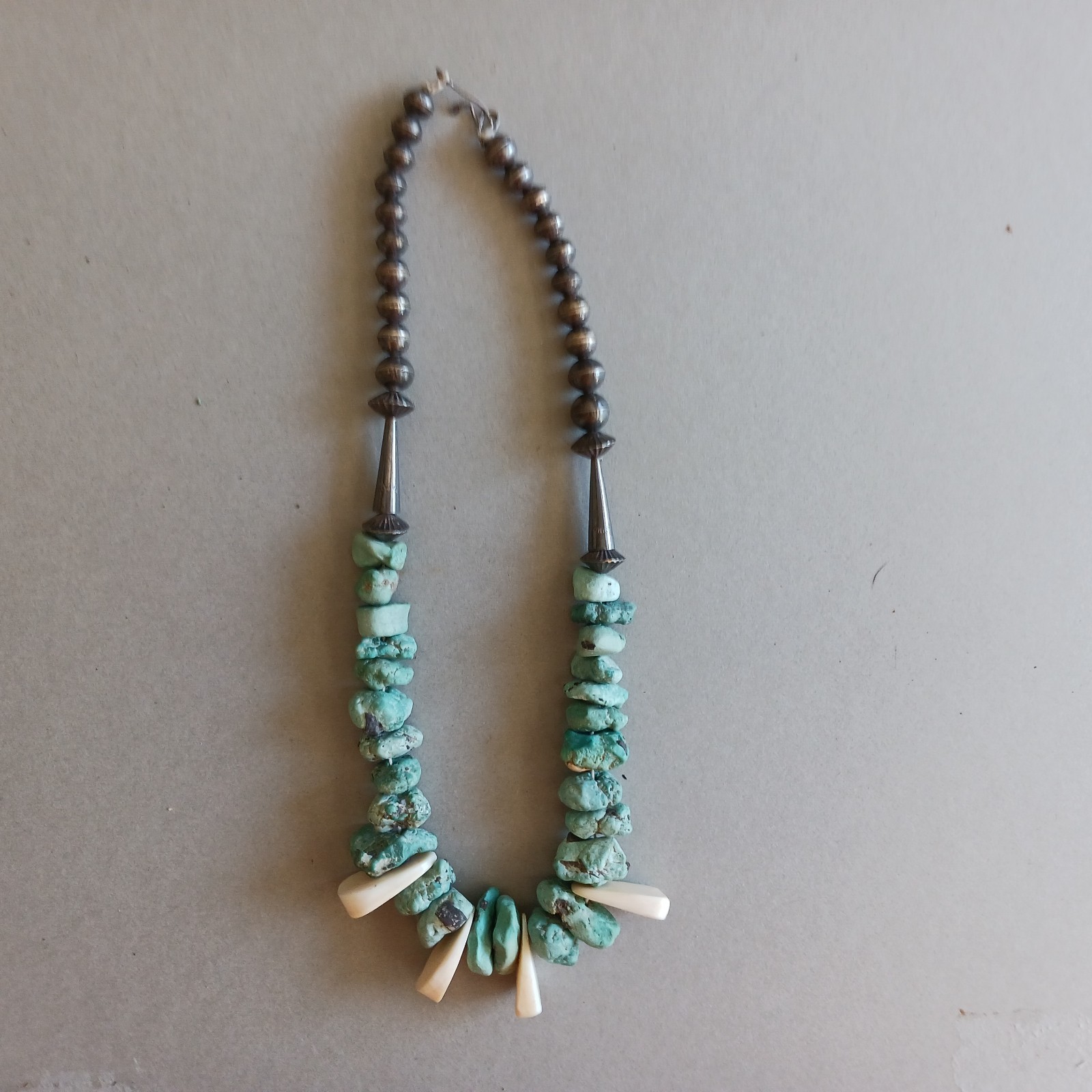 Vintage Seafoam Turquoise Bone & Silver Navajo Necklace 