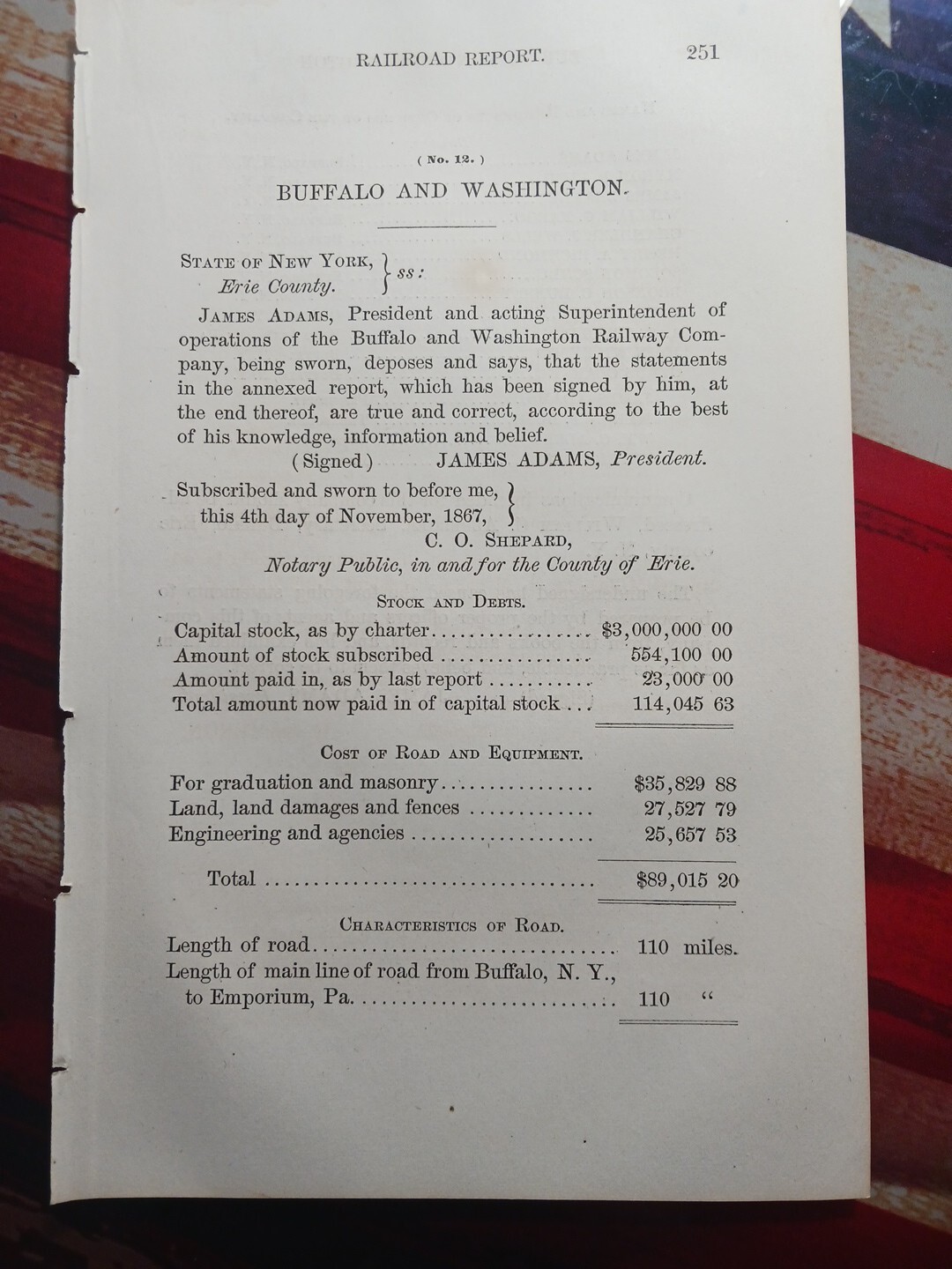 ☆1867 train report BUFFALO & WASHINGTON RAILROAD  Emporium Pennsylvania 