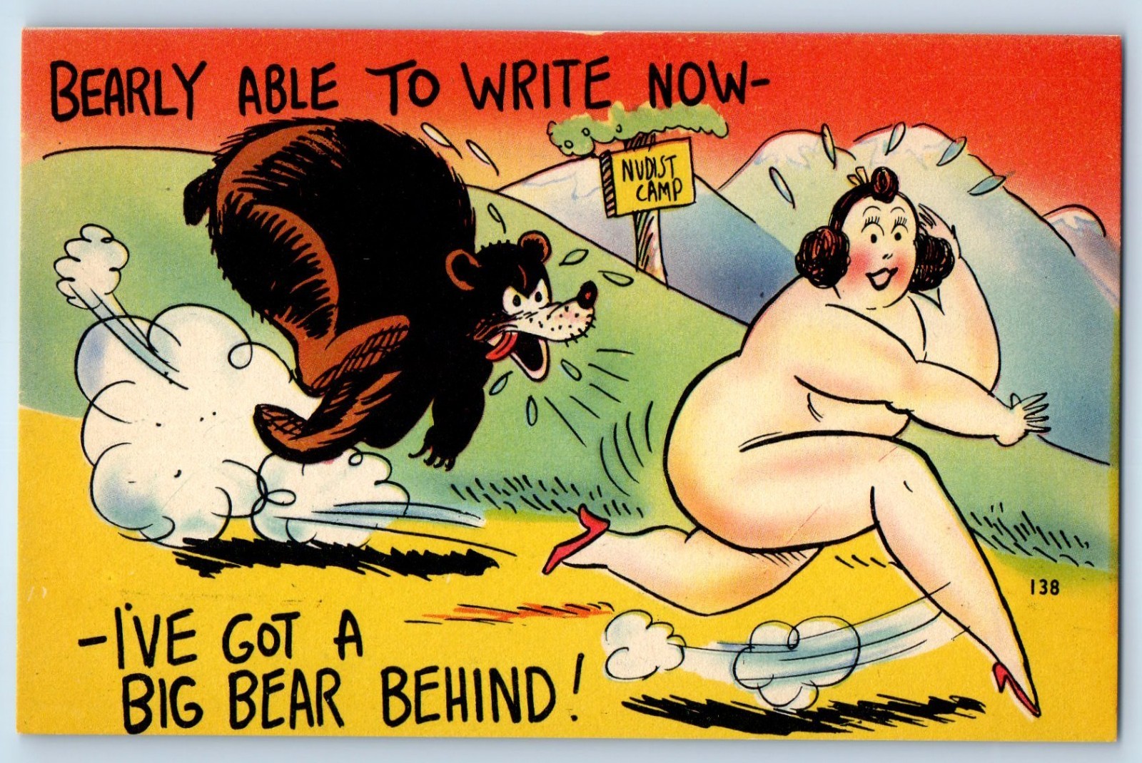 Humor Nude Fat Woman Chasing Bear I\'ve Got A Big Bear Behind Vintage Postcard Humor Nude Fat Woman Chasing Bear I\'ve Got A Big Bear Behind Vintage Postcard