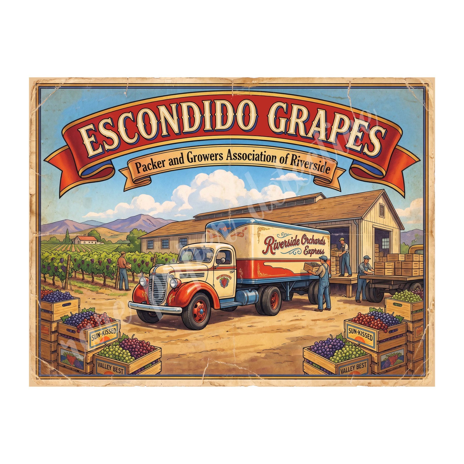 Escondido California Grapes 1950s Retro Style Fruit Crate Label 10.5\ Escondido California Grapes 1950s Retro Style Fruit Crate Label 10.5\