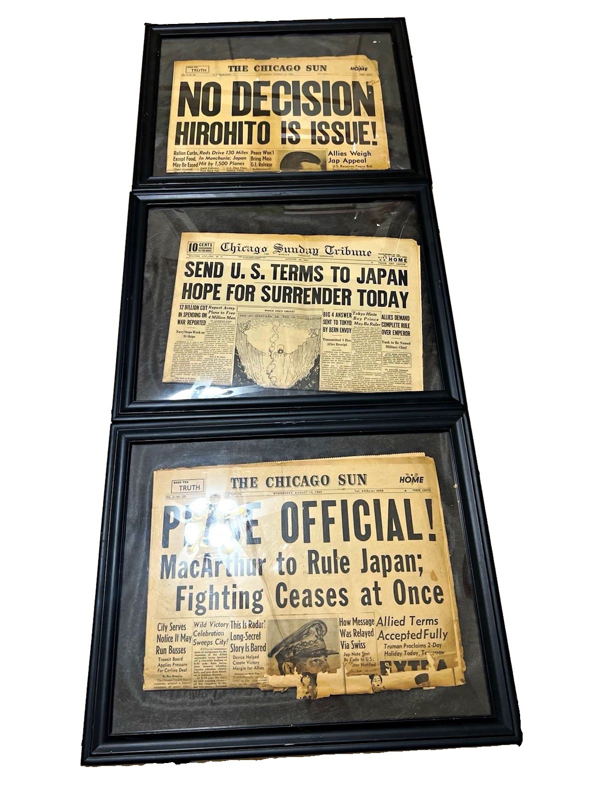 3 Framed WWII Newspaper Front Pages Lot Chicago Sun & Chicago Sunday Tribune