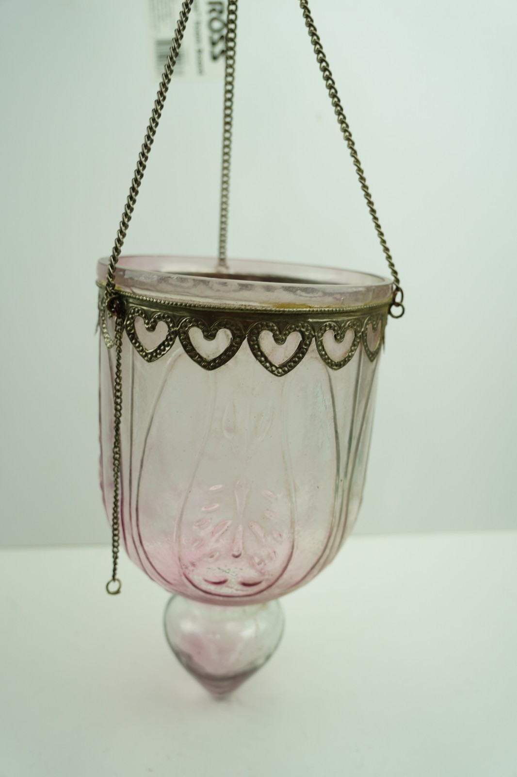 Rare Large Vintage Pink Glass Hanging Bell Jar Lantern Hundi Light 12.5