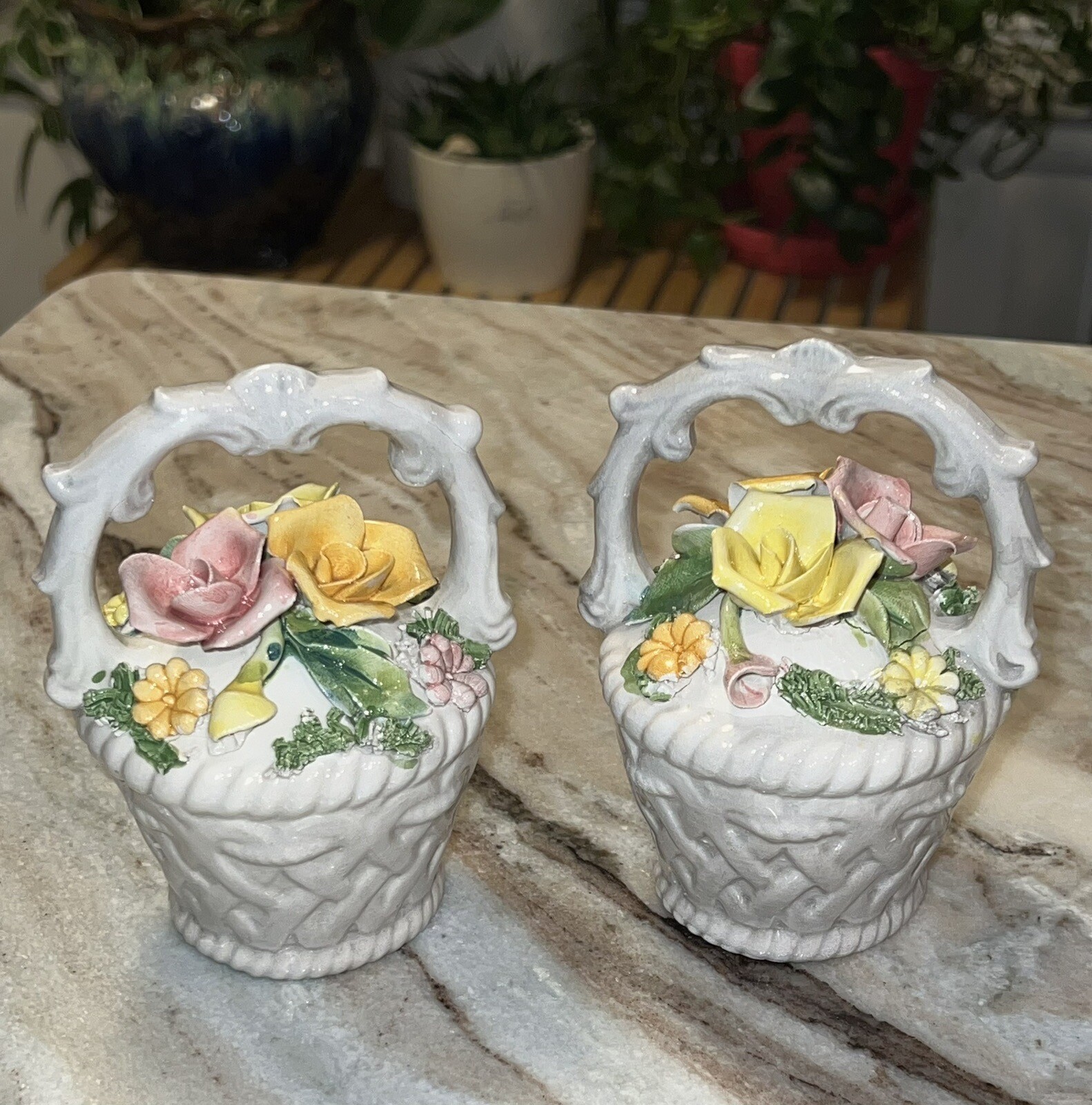 Vintage 2 1950’s Capodimonte Porcelain Rose Flower Basket, Beautiful Vintage 2 1950’s Capodimonte Porcelain Rose Flower Basket, Beautiful